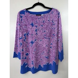 Bob Mackie Wearable Art Blue Tunic W Lavender Flowers Scoopneck Size L
